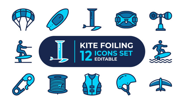 Kite Foiling Icon Set: A vibrant collection of 12 editable icons showcasing the exhilarating sport of kite foiling, featuring essential gear and action elements.