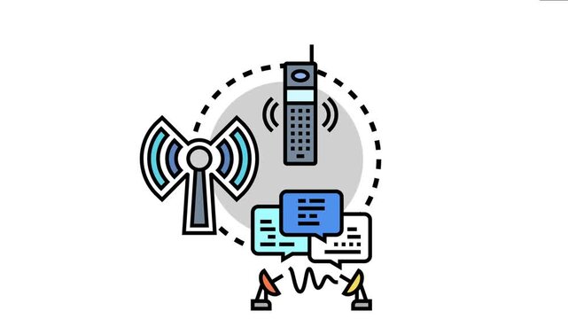 Legacy communication technologies, including a vintage mobile phone, antenna, and satellite dishes, establishing a global network for sending and receiving messages
