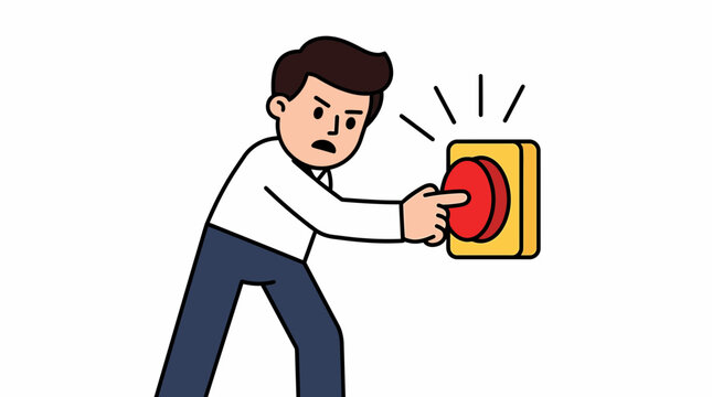 A man pushing a large red button with a determined expression. The button is yellow and glows with bright light, suggesting an important action is about to happen