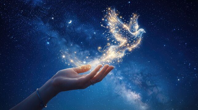 Glowing Stardust Dove Emerging from Hand in Cosmic Sky