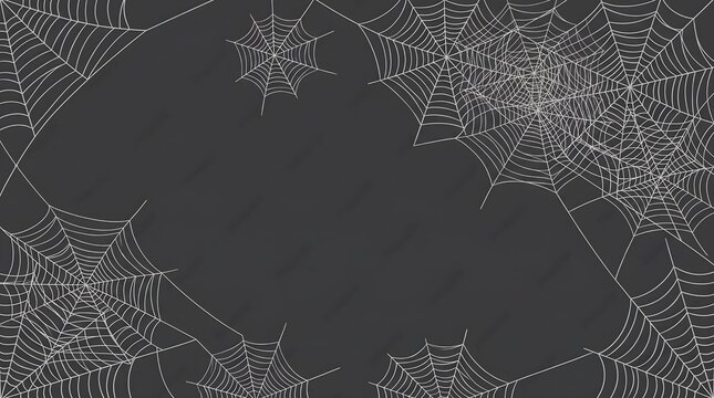 Spider web border vector. White cobweb patterns on dark background. Creepy Halloween decoration for spooky party invitations.