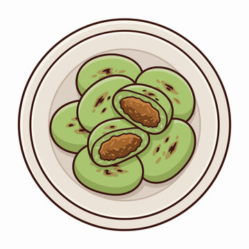 Top view vector illustration of Kipo, a traditional Indonesian roasted green sticky rice snack with sweet coconut filling from Yogyakarta, served on a plate.
