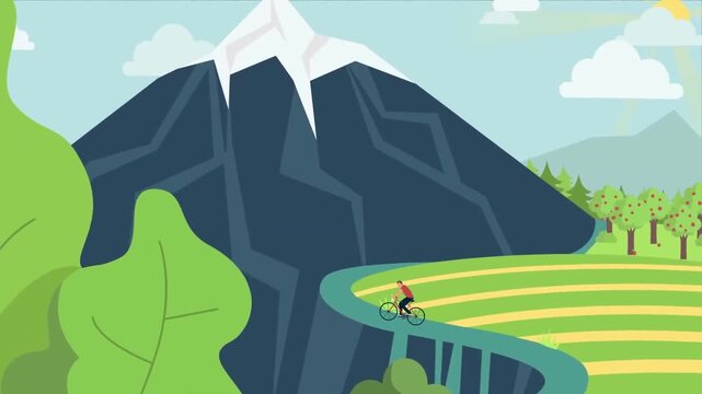 Animated cyclist riding a bicycle along a scenic mountain road in a colorful vector landscape video clip