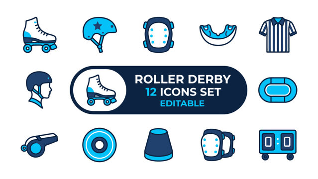 Roller Derby Icon Set: A collection of stylized icons representing elements of roller derby, including skates, protective gear, a whistle, and a scoreboard.