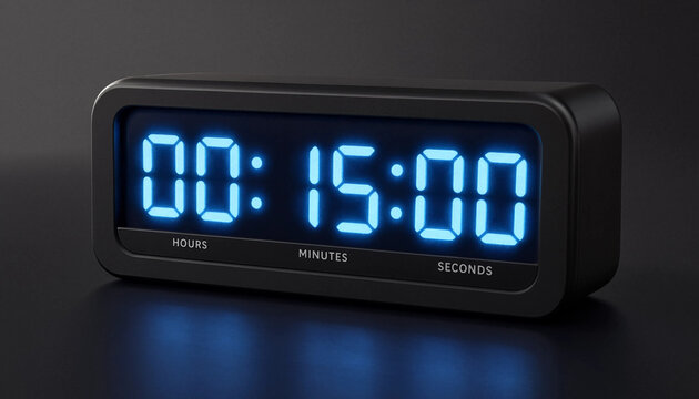 Digital timer displaying fifteen minutes on black device with blue led display for time management concept