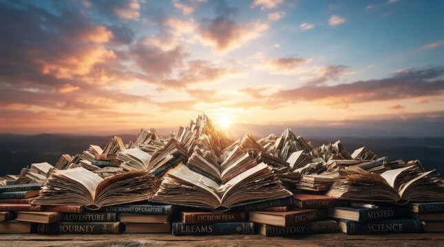 Stack of Vintage Books Against Dramatic Sunset Sky