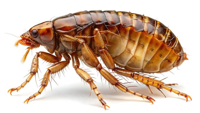 Detailed Brown Flea Insect Close-Up Showing Segmented Body, Legs and Antennae on White Background