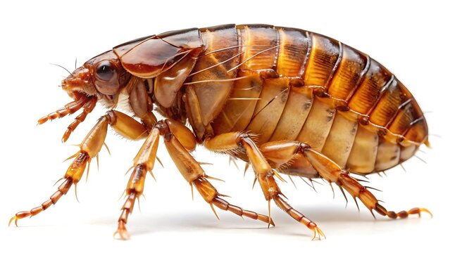 Detailed Brown Flea Insect Close-Up Showing Segmented Body, Legs and Antennae on White Background