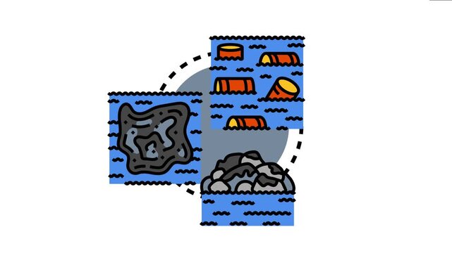 Ocean water pollution concept showing floating barrels contaminating marine habitats and crude oil spreading, creating an ecological problem