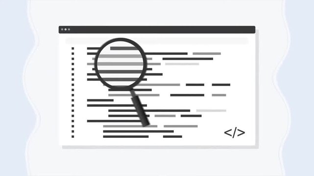 Magnifying glass moving across source code lines in software development animation video footage