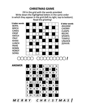 Christmas themed word game with crossword puzzle, letter hints, keys and festive greeting
