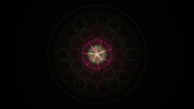 A vibrant psychedelic geometric mandala featuring interlocking hexagons and concentric rings radiates with pink and yellow light against a deep black background.
