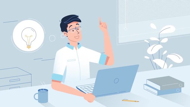 Smart businessman working on laptop computer having brilliant creative idea animation clip featuring professional office workplace setting