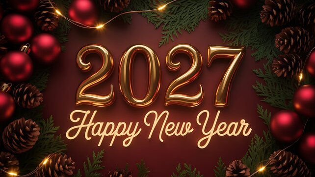 Gold 2027 happy new year greeting card with red christmas ornaments and festive fairy lights background