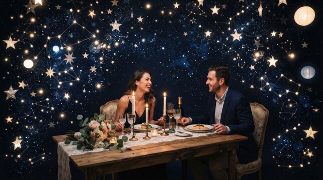 Romantic Couple Dinner Under Starry Constellation Sky