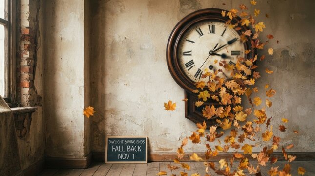 Vintage Clock with Autumn Leaves in Rustic Interior Setting