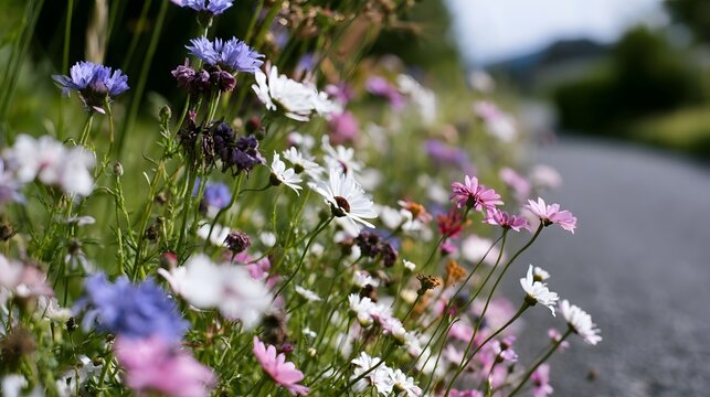 A vibrant roadside garden bursting with colorful wildflowers in soft focus against a blurred path