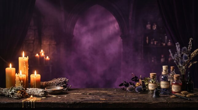 Witchcraft candles and potion bottles background with purple smoke and dried herbs on a wooden table