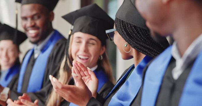 Graduation, woman or crowd outdoor with clap, achievement or college celebration at farewell event. Happy, success or students with applause, university milestone or proud moment at diploma ceremony.