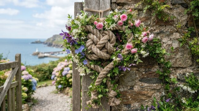 Rustic Floral Wreath Knot Decor on Weathered Stone Wall