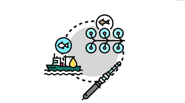 Offshore fish harvesting operation marine fishing, aquaculture farming, and seafood processing with a boat, fish nets, fishing equipment, and raw product