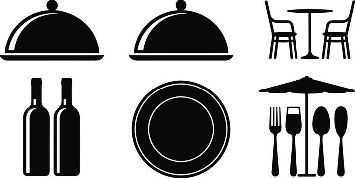 Dining cloche table wine plate utensil umbrella silhouette icon set illustration, restaurant vector artwork, food design graphic, drink emblem symbol, hospitality motif, 