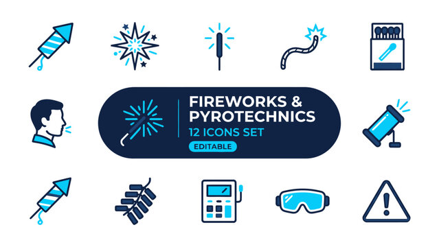 Fireworks and Pyrotechnics Icon Set: A collection of graphic icons representing various fireworks and pyrotechnics, including rockets, sparklers, firecrackers, and safety gear.