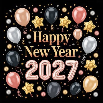 Happy new year 2027 celebration background with rose gold foil balloons and festive stars on black