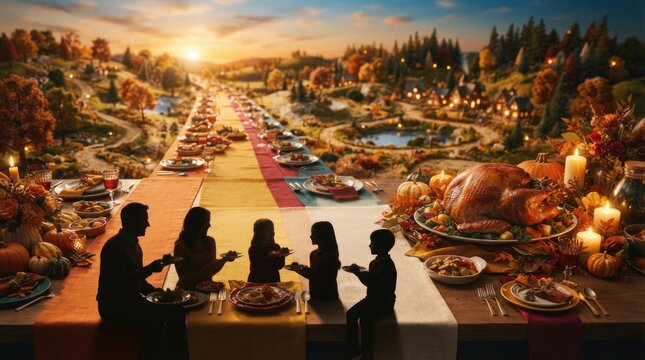 Autumn Feast: Communal Dinner Table Against a Scenic Sunset