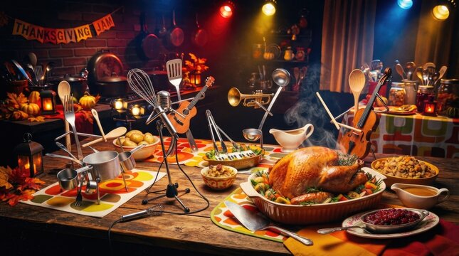 Abundant Thanksgiving Feast Spread on Rustic Wooden Table