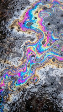 Psychedelic iridescent oil slick on wet metallic surface texture seamless grunge background