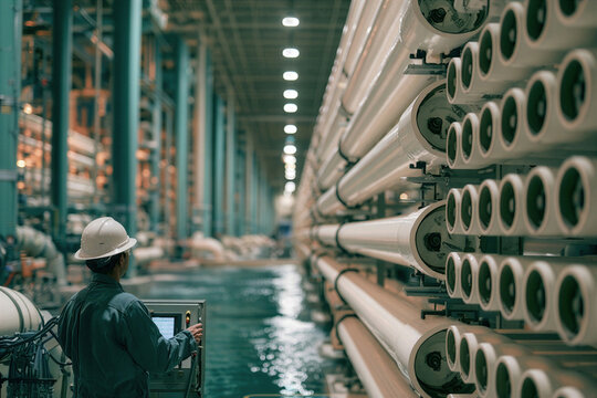 Engineer in a hard hat inspecting rows of membrane filters at a desalination plant