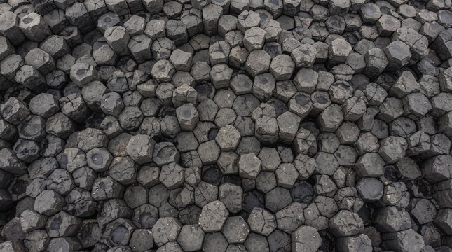 Top down view of hexagonal basalt rock columns seamless geological texture background