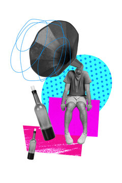 Vertical creative art collage of anonym headless guy gramophone pipe retro player wine bottle party isolated on painting background