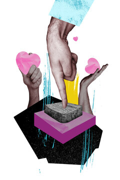Vertical photo collage of human hand push click stone button like reaction popular blogger valentine heart isolated on painted background