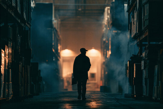 Silhouette of a man walking through a dim warehouse aisle lit by warm light