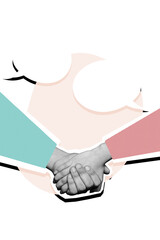 Vertical photo collage of people hand shake greeting gesture agreement success deal text box communication isolated on painted background © deagreez