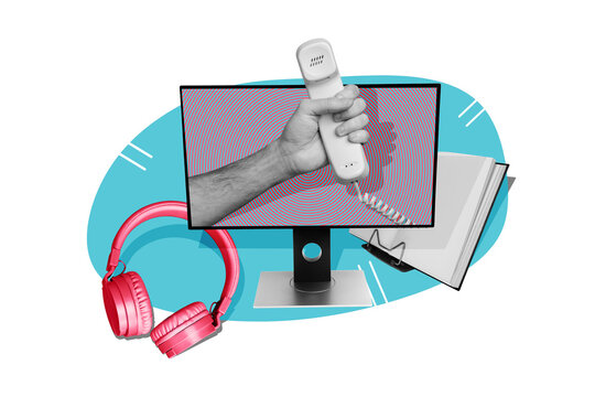 Composite photo collage of pc monitor hand hold telephone operator call center worker headphones helpline isolated on painted background