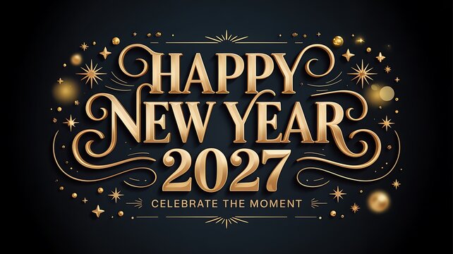 Elegant happy new year 2027 greeting card design with ornate gold typography on a dark background