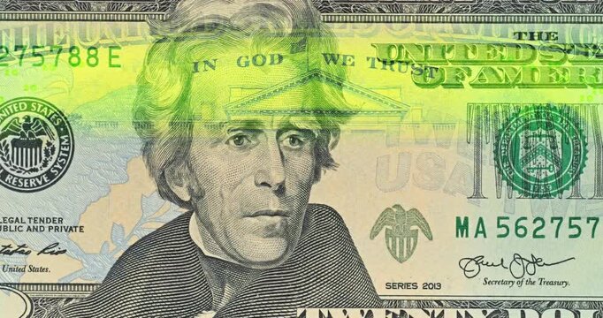 Close View of Jackson Bill. New US twenty dollar note undergoes security scanning its engraved Jackson portrait in sharp close detail.