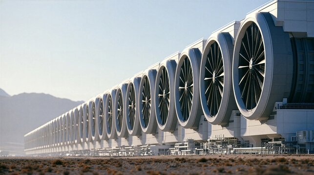 Long row of massive cooling fans lining the side of a data center in a desert landscape