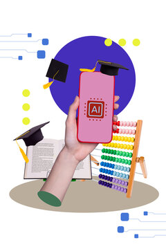 Vertical photo collage of hand hold phone device ai intellect elearn helper hat book abacus gpt helper isolated on painted background