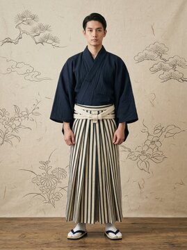 Young Japanese Man in Traditional Kimono and Striped Hakama Standing Against Artistic Background