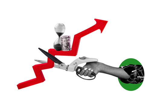 Composite photo collage of human hand cut arrow statistic sand glass deadline concept roll dollar inflation isolated on painted background