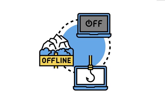 Offline access concept various scenarios of digital devices being disconnected from networks, featuring a laptop with a power off button and another with a fishing hook