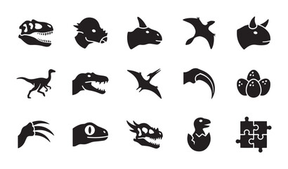 Dinosaur Icons Set, Prehistoric Creature Silhouettes, Jurassic Era Vector Graphics, Fossil Elements Collection, Baby Dinosaur and Eggs, Puzzle Pieces © Shahadat