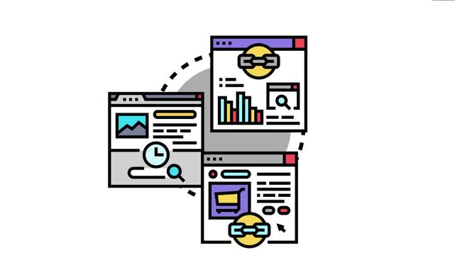 Three interconnected browser windows. One showing data analytics. Another a content page with a clock. And a third an e commerce interface