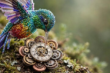 Obraz premium Hummingbird on Antique Clockwork Gears in Mossy Nature