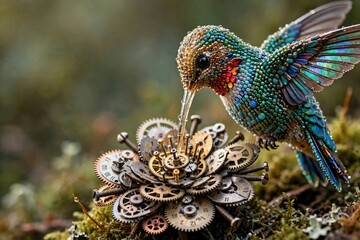 Obraz premium Hummingbird Feeding from Steampunk Clockwork Flower