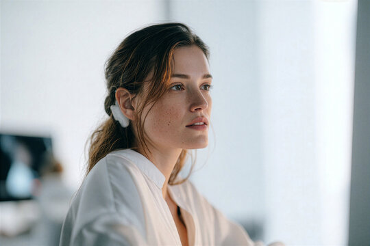 Woman Wearing Behind-the-Ear Hearing Device